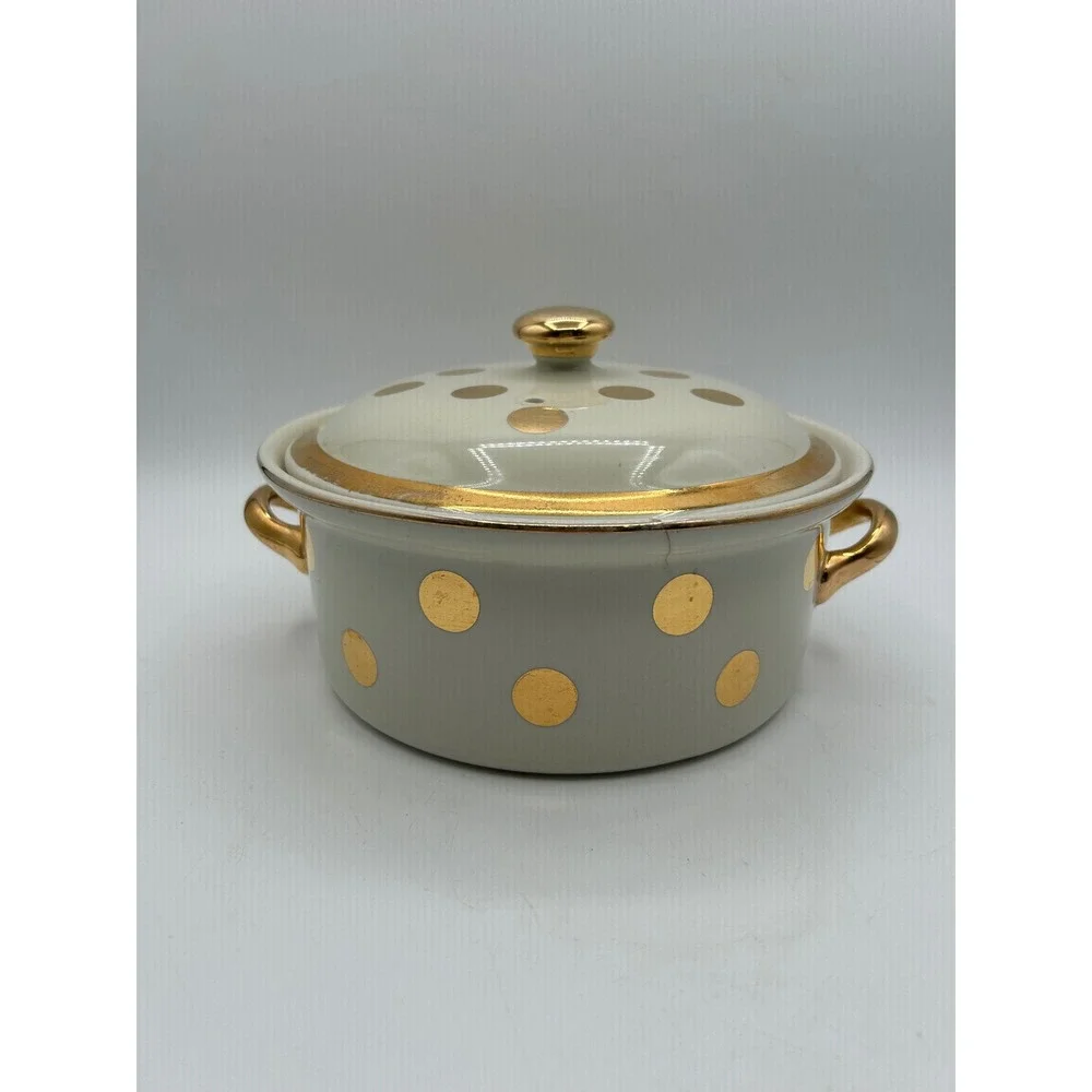 Hall China Casserole Dish Ivory Gold Dot Covered Round Lidded Bowl Vintage